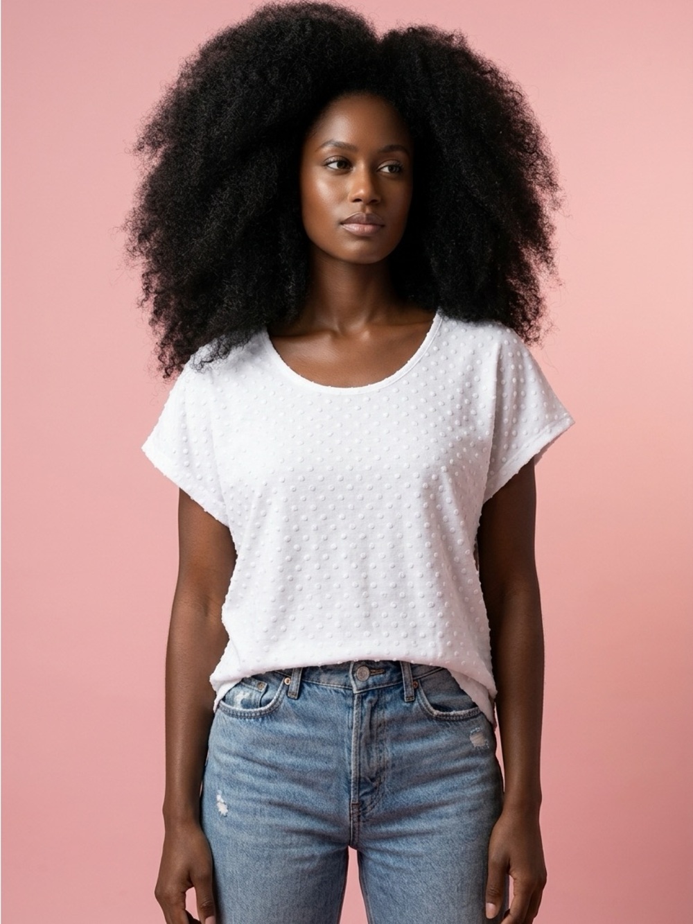 Kim & Cami White Textured Dot Top T-Shirt Batwing Sleeves - Size Large